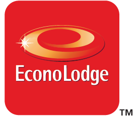 Econo Lodge logo featuring a stylized gold oval and white text on a red background.